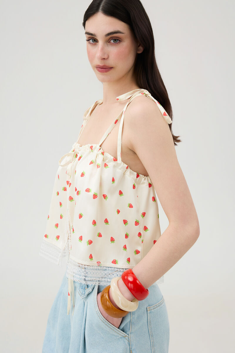Strawberry Print Satin Gathered Top