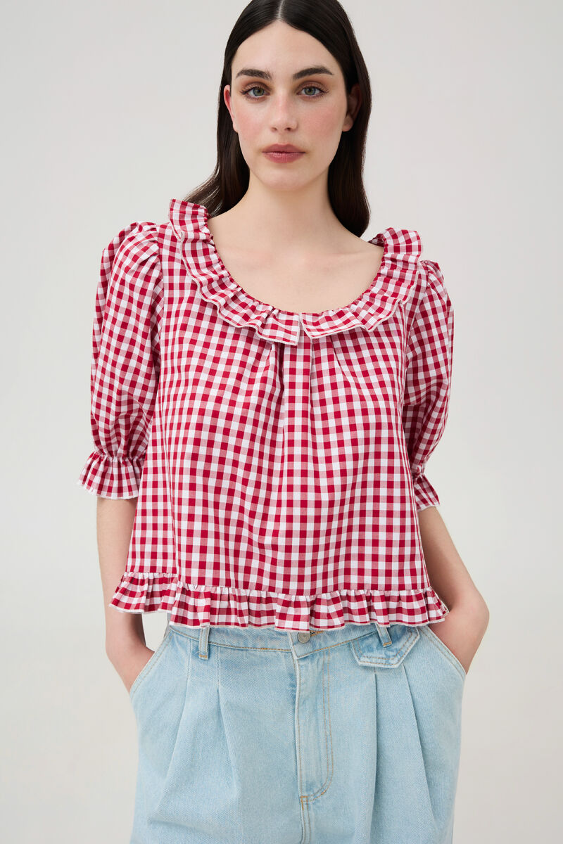 Red & White Check Ruffle Blouse
