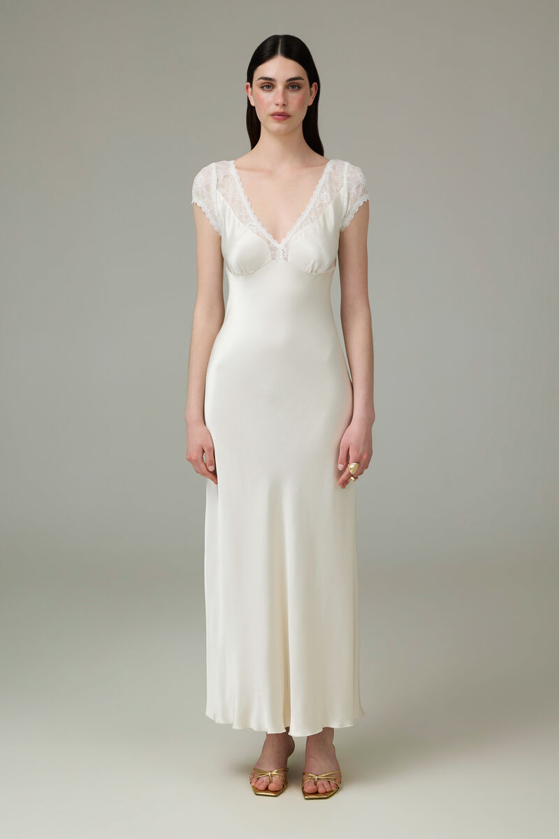 Milky Maxi Dress with Lace Neckline