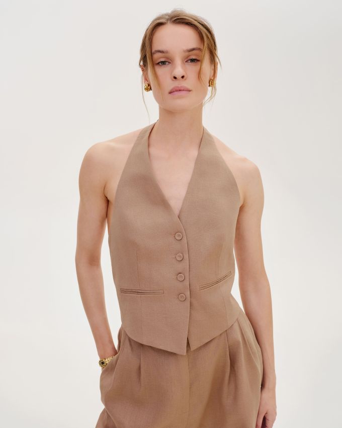 Brown linen vest with an open back