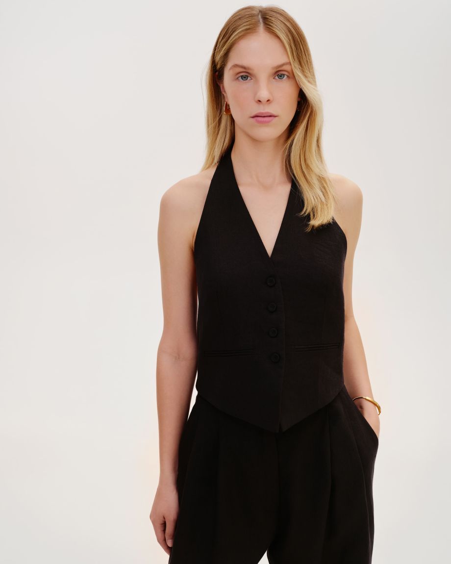 Black linen vest with an open back