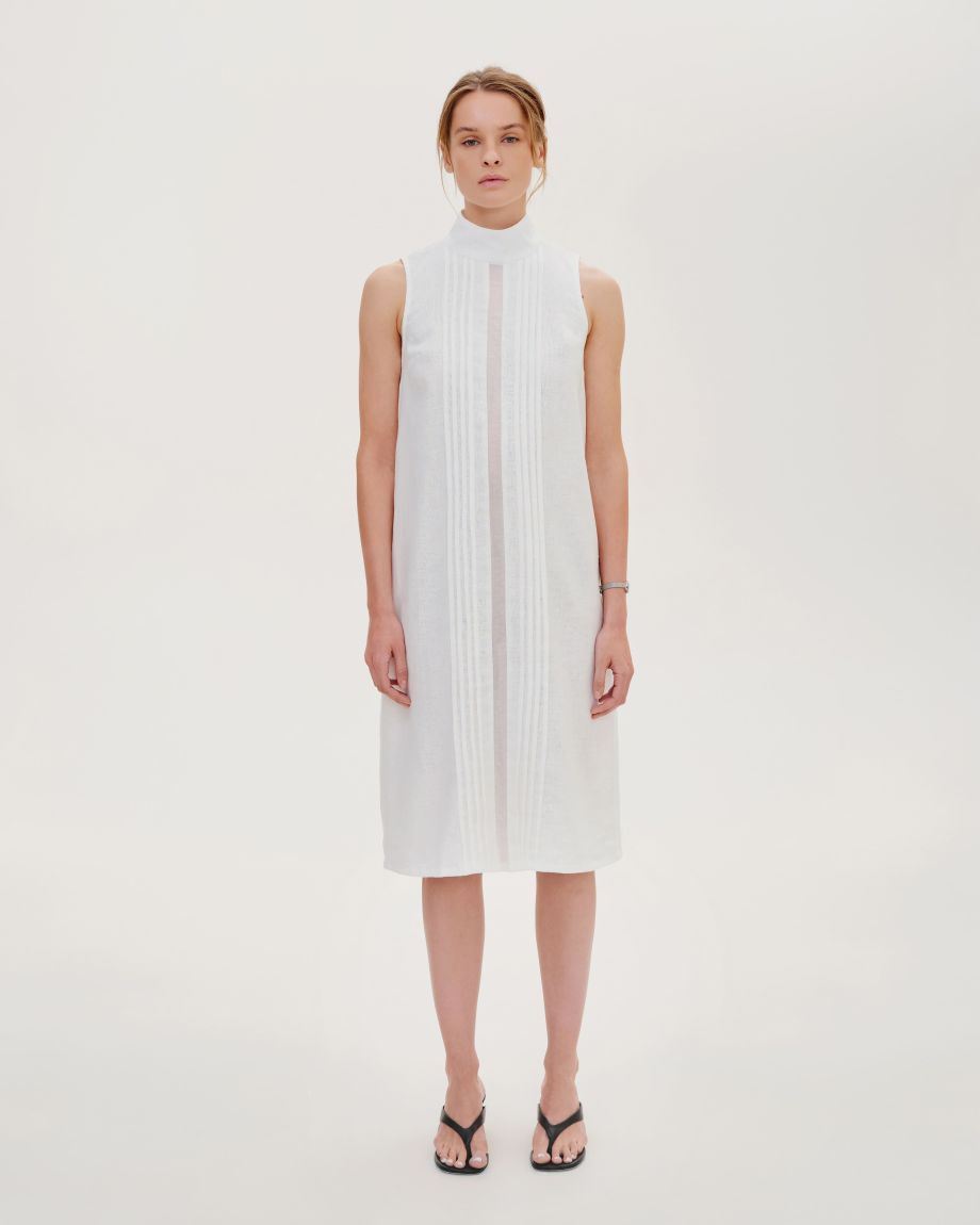 Milk linen midi dress with a high collar