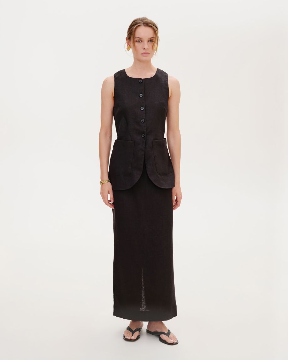 Black linen vest with patch pockets