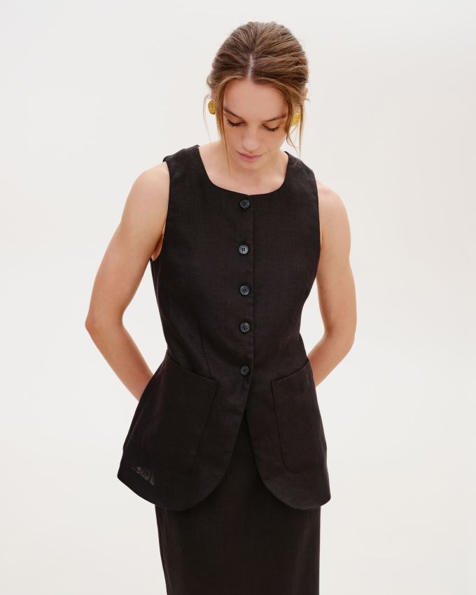 Black linen vest with patch pockets