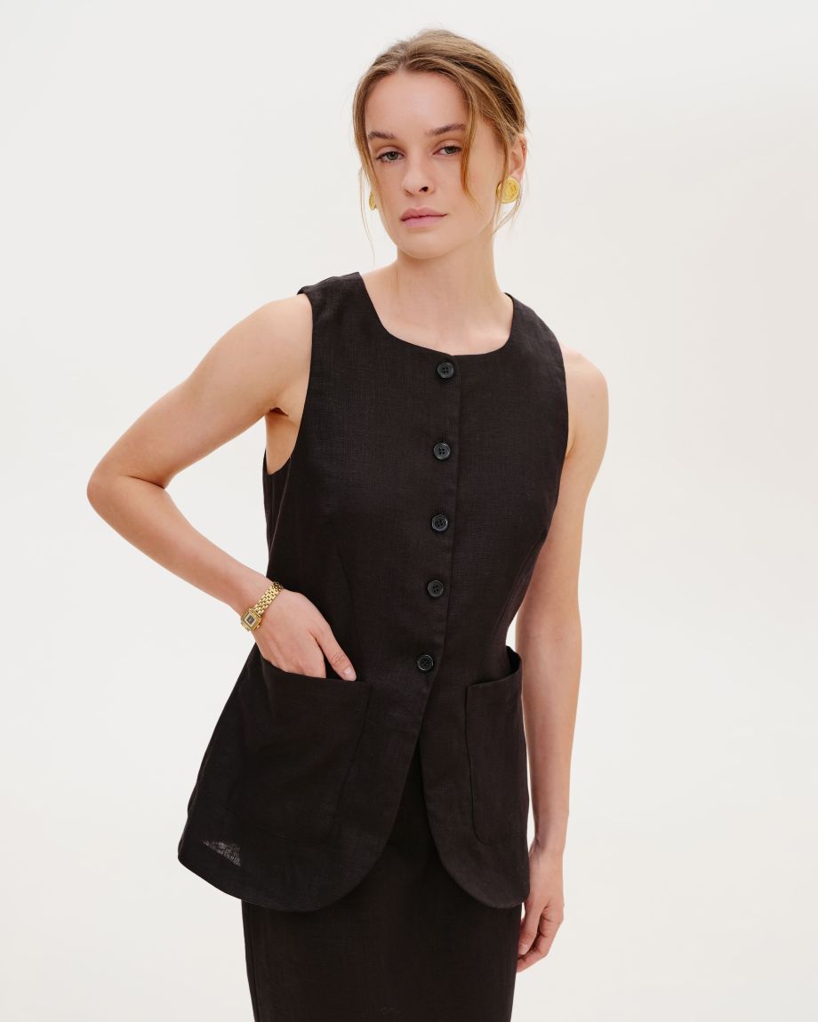 Black linen vest with patch pockets