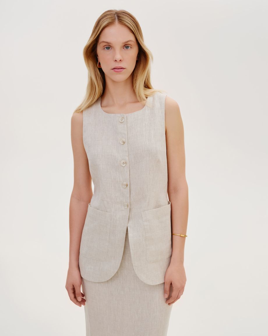 Beige linen vest with patch pockets