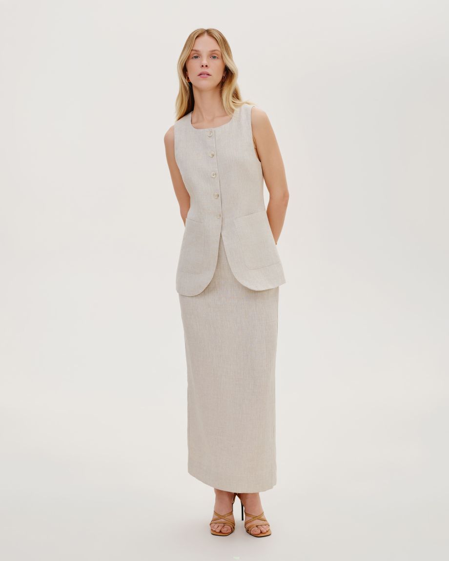 Beige linen vest with patch pockets