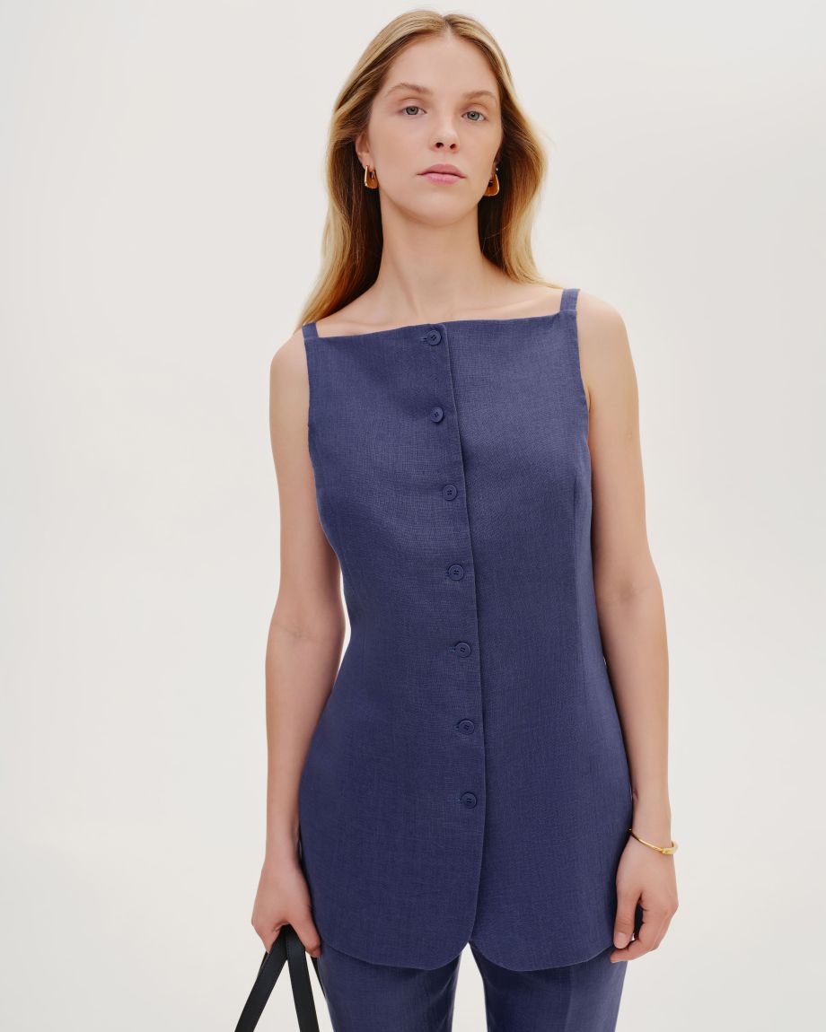 Blue linen elongated vest