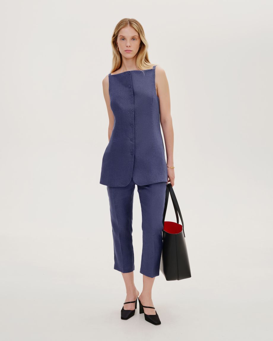 Blue linen elongated vest