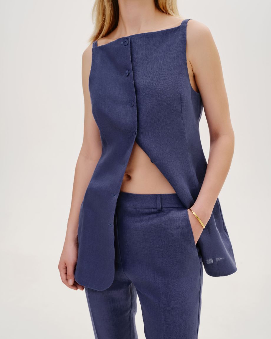 Blue linen elongated vest