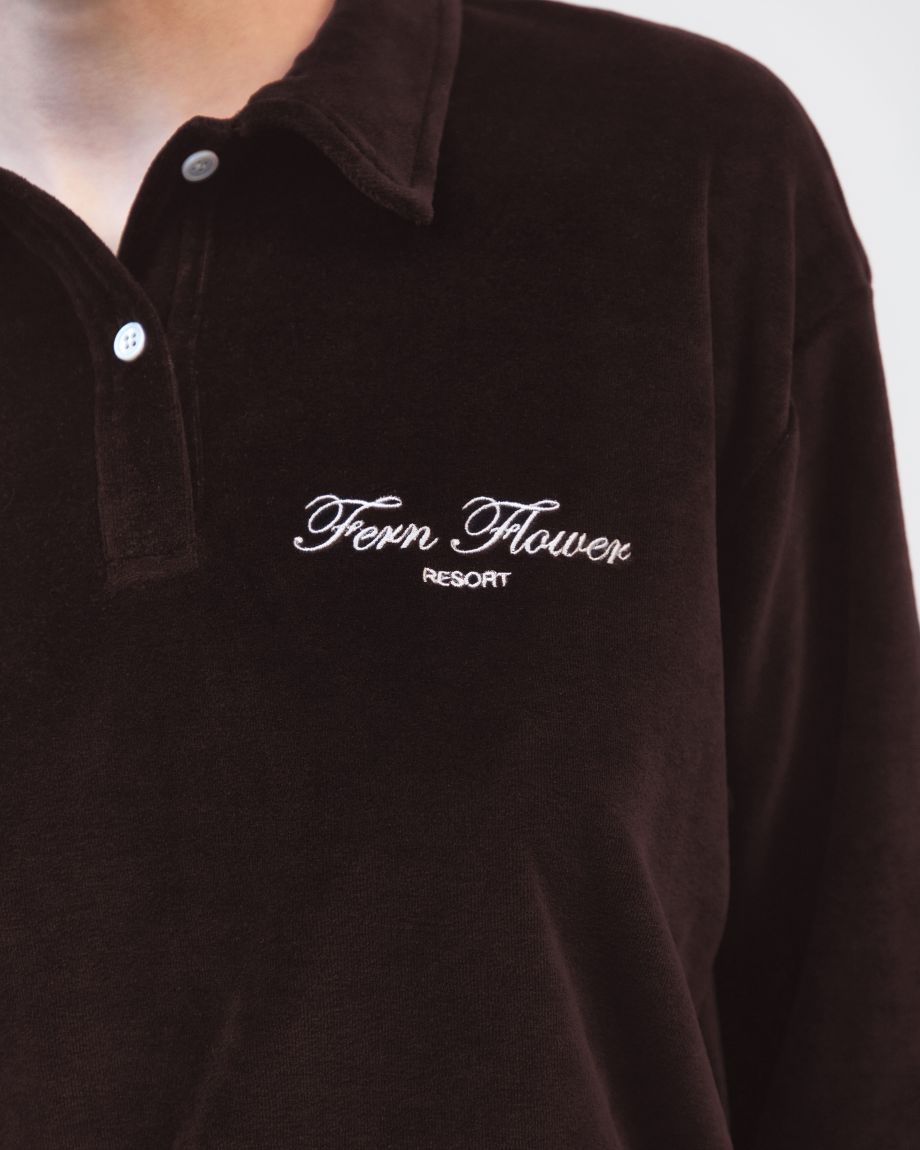 Brown velour polo shirt "Fern Flower"