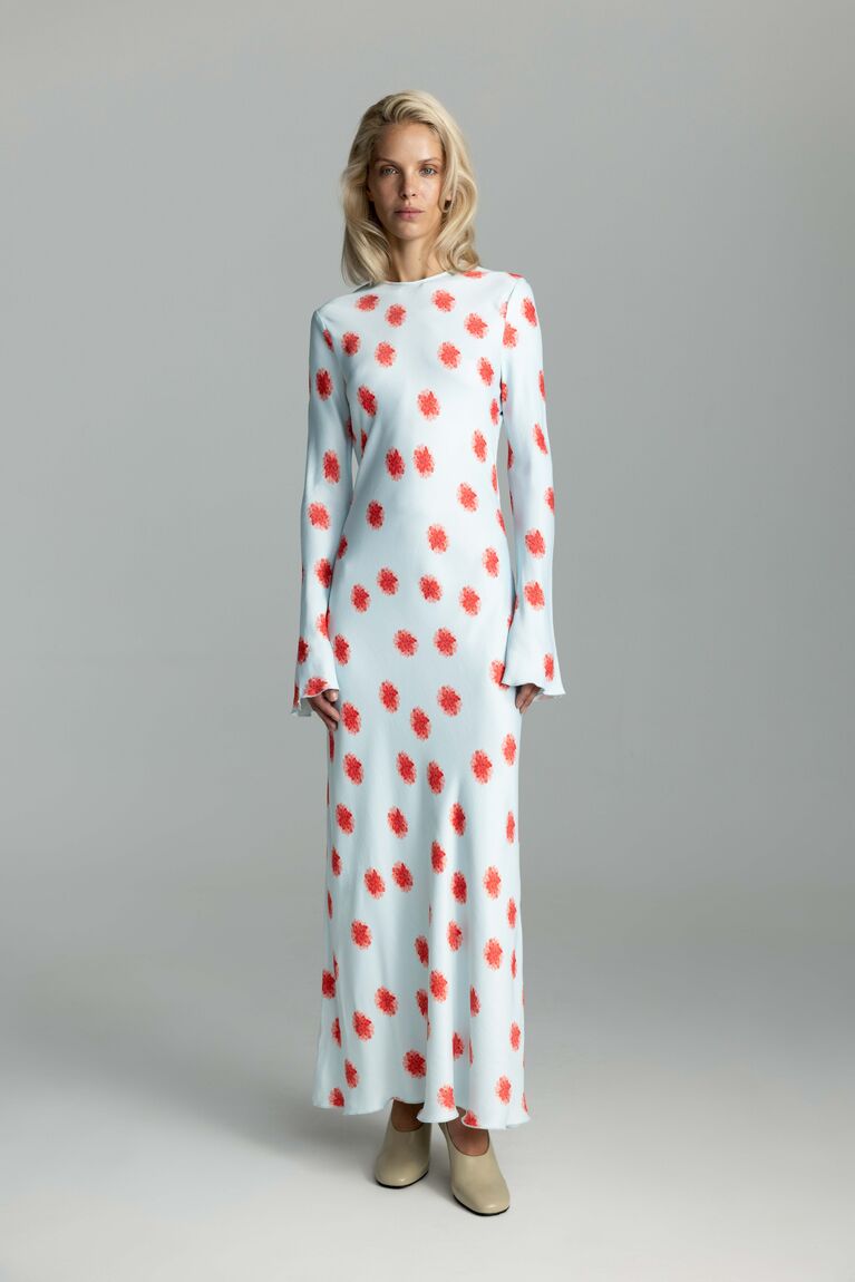 ANNA Midi Dress with Dahlia Print and Back Cut-Out, Light Blue
