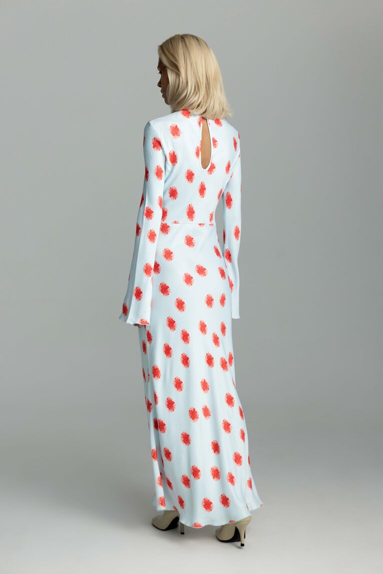 ANNA Midi Dress with Dahlia Print and Back Cut-Out, Light Blue
