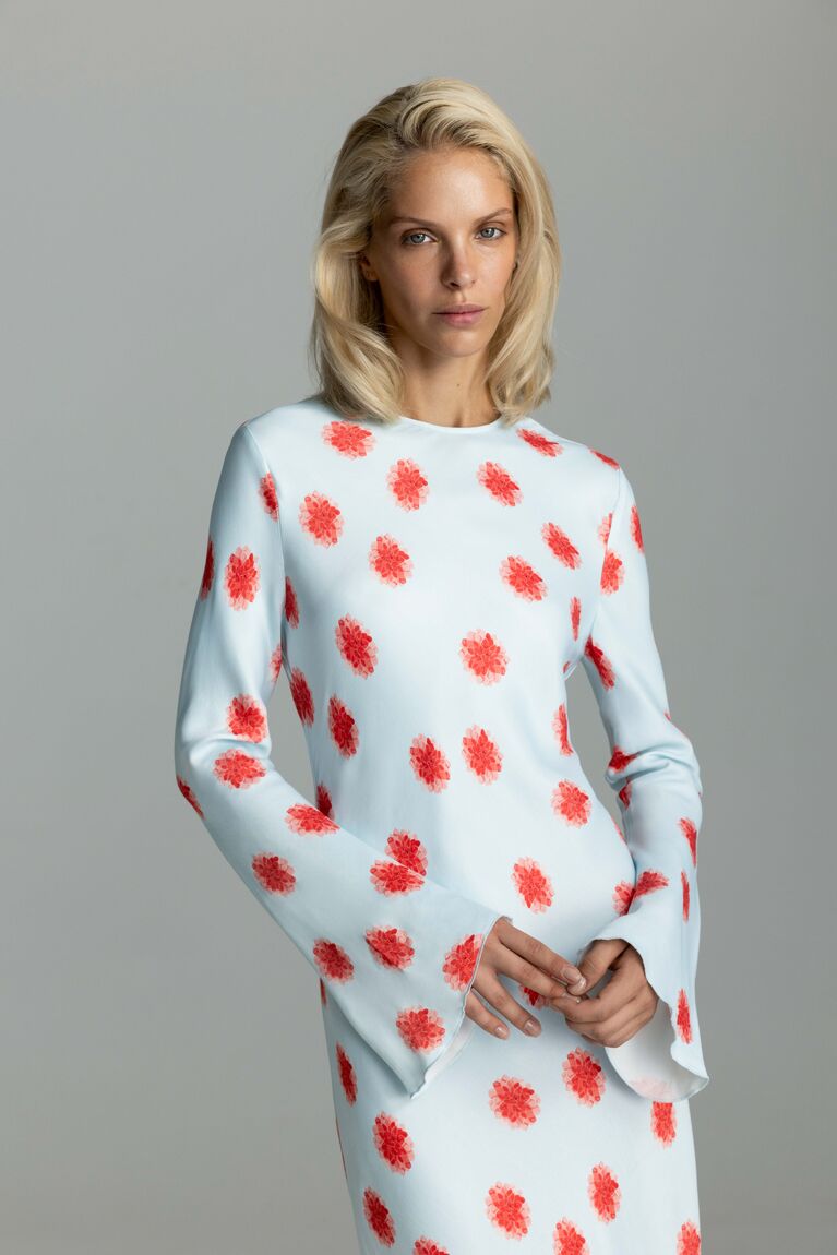 ANNA Midi Dress with Dahlia Print and Back Cut-Out, Light Blue