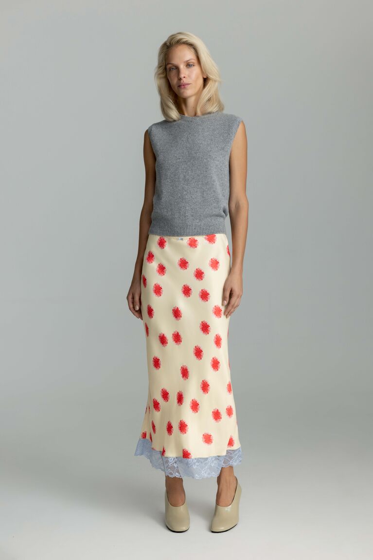 Dahlia Print and Lace Midi Skirt, Pale Yellow