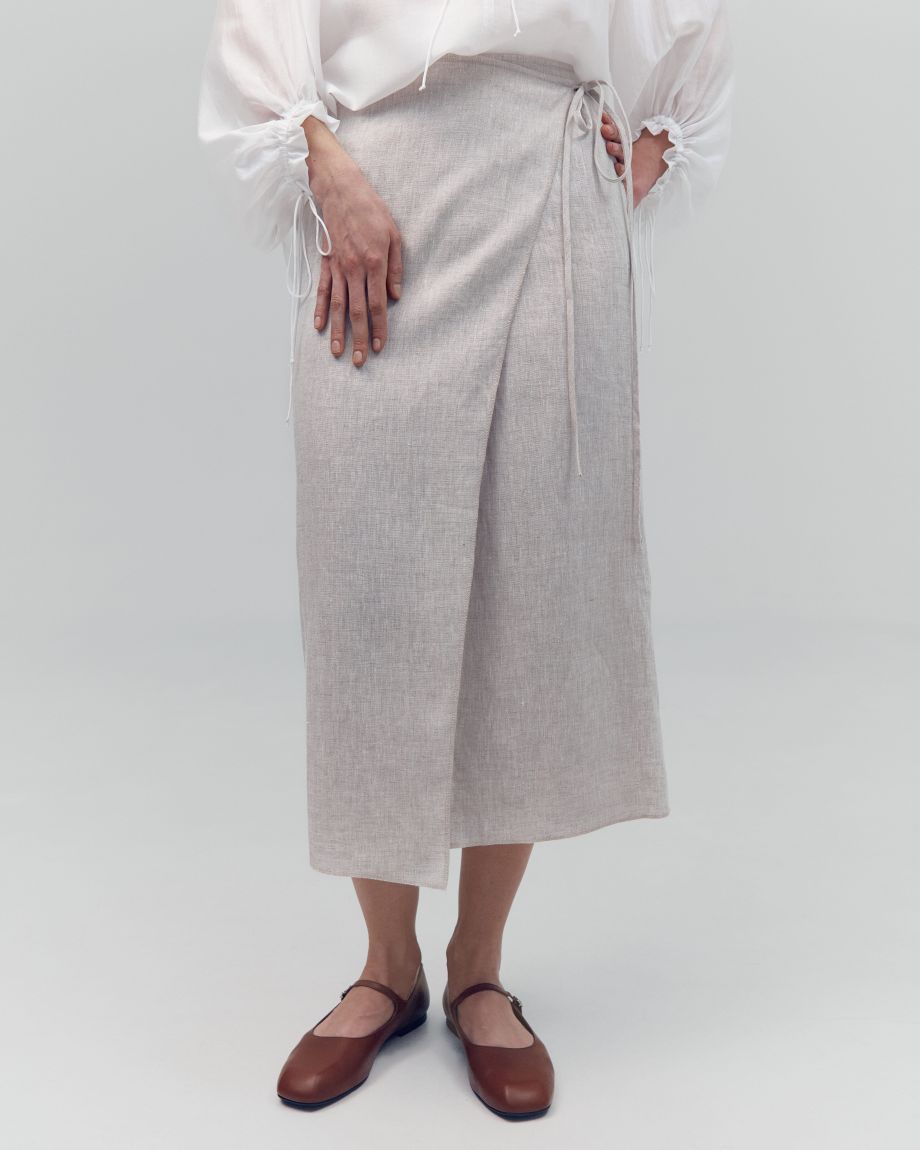 Beige linen wrap midi skirt