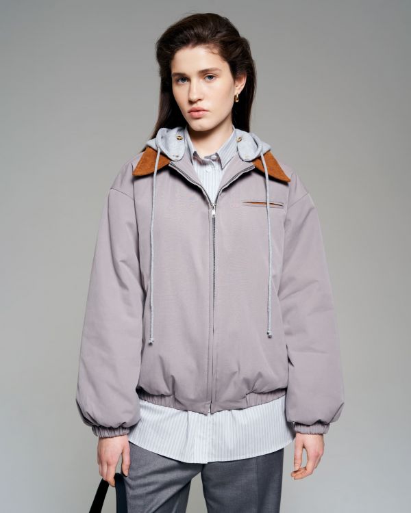 Gray bomber jacket with a hood