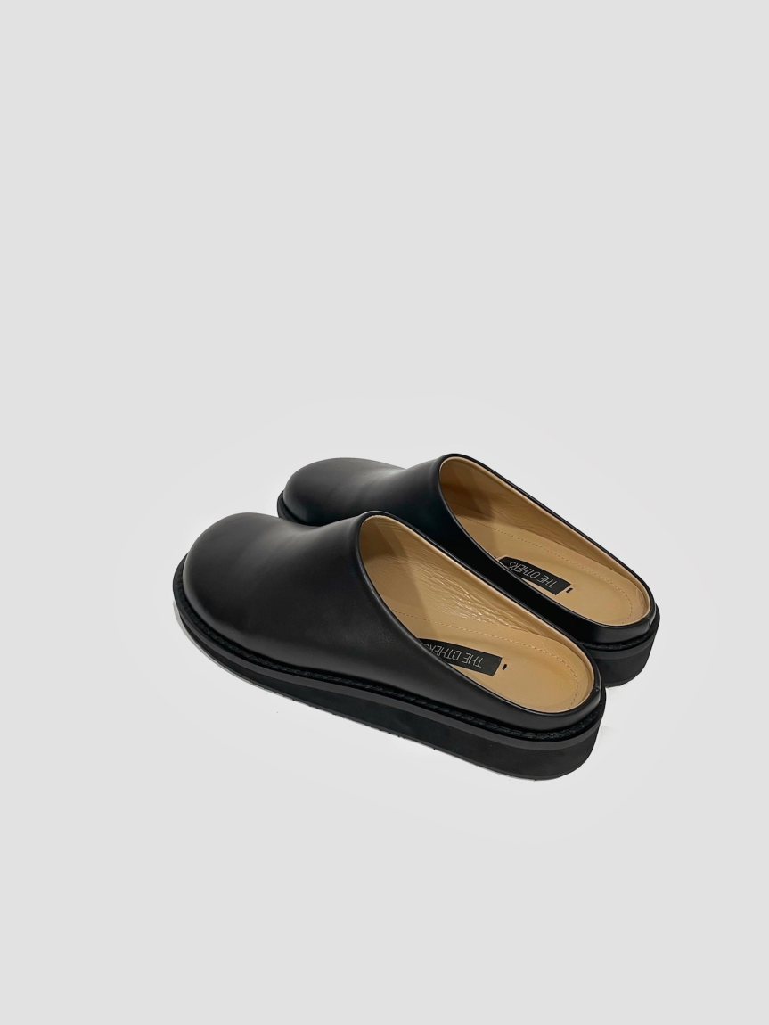 Black leather mules on a flat sole