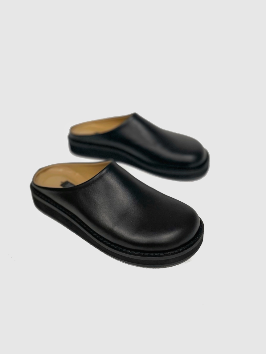 Black leather mules on a flat sole