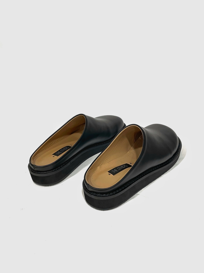 Black leather mules on a flat sole