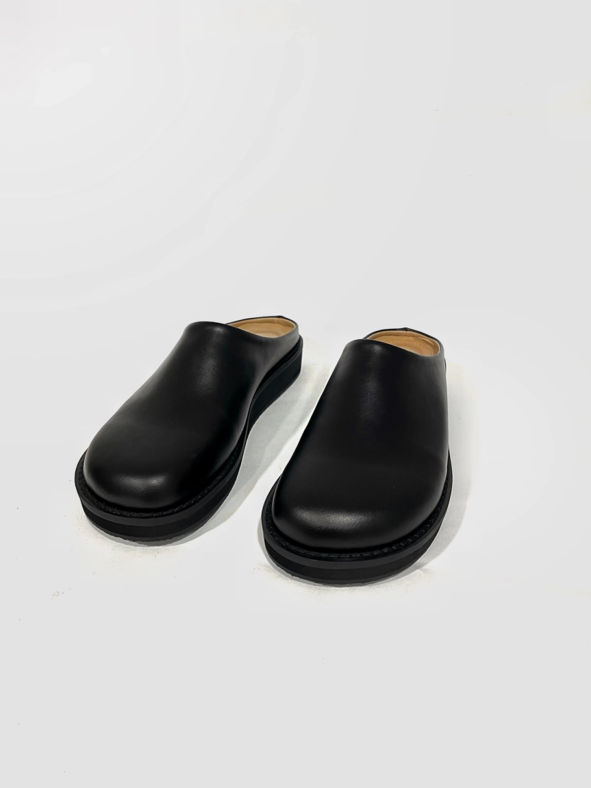 Black leather mules on a flat sole