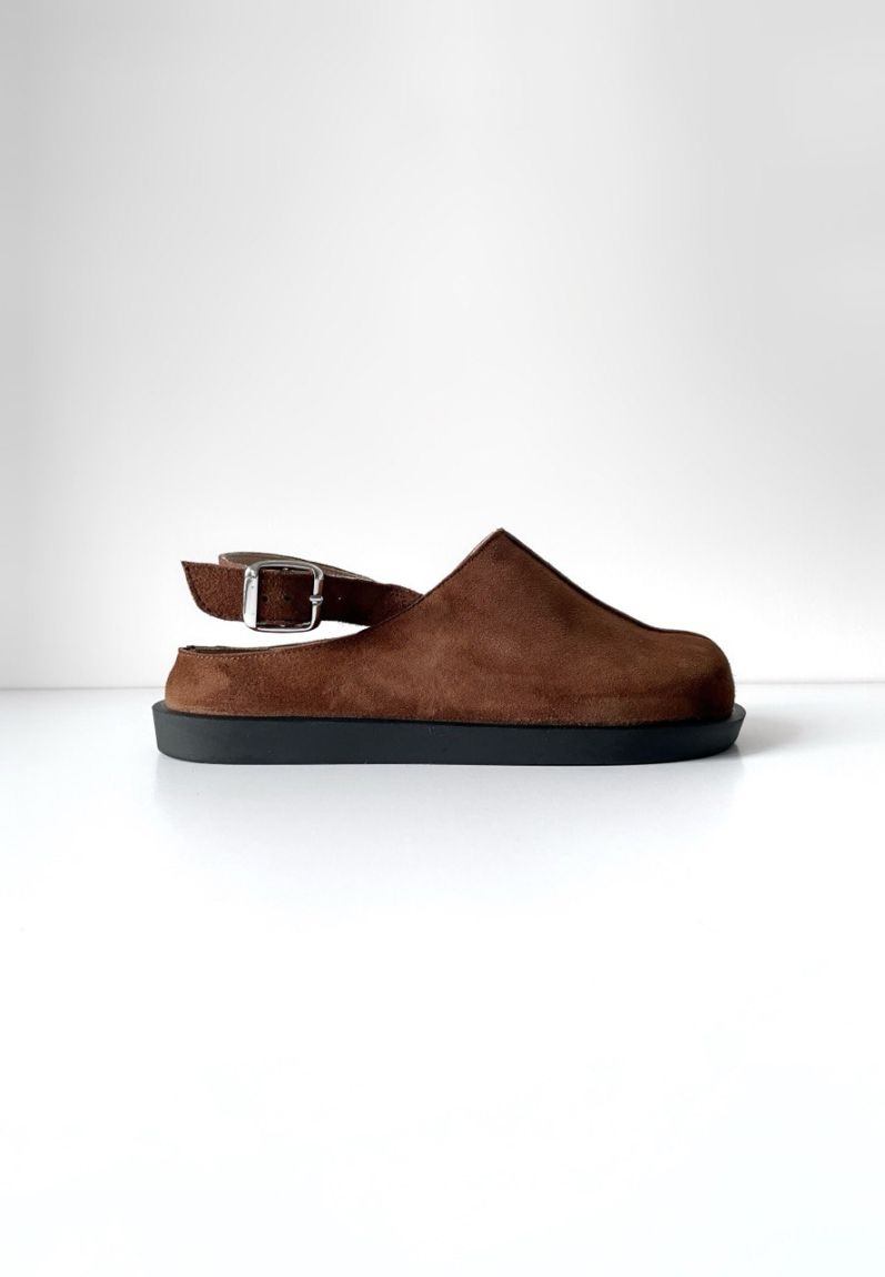 Brown suede clogs