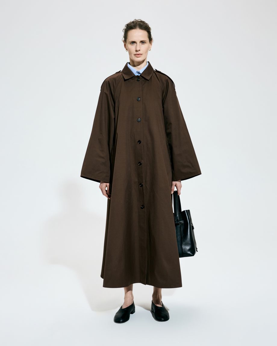 Flared brown trench coat