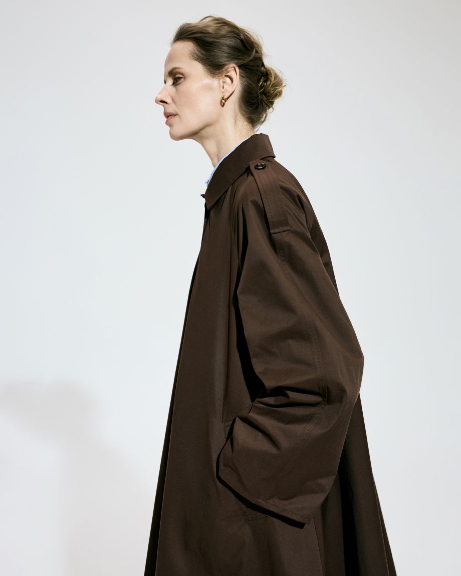 Flared brown trench coat