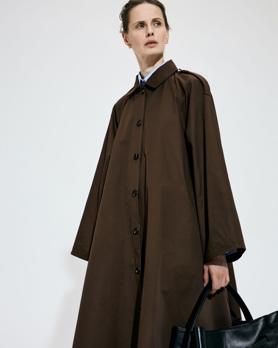 Flared brown trench coat