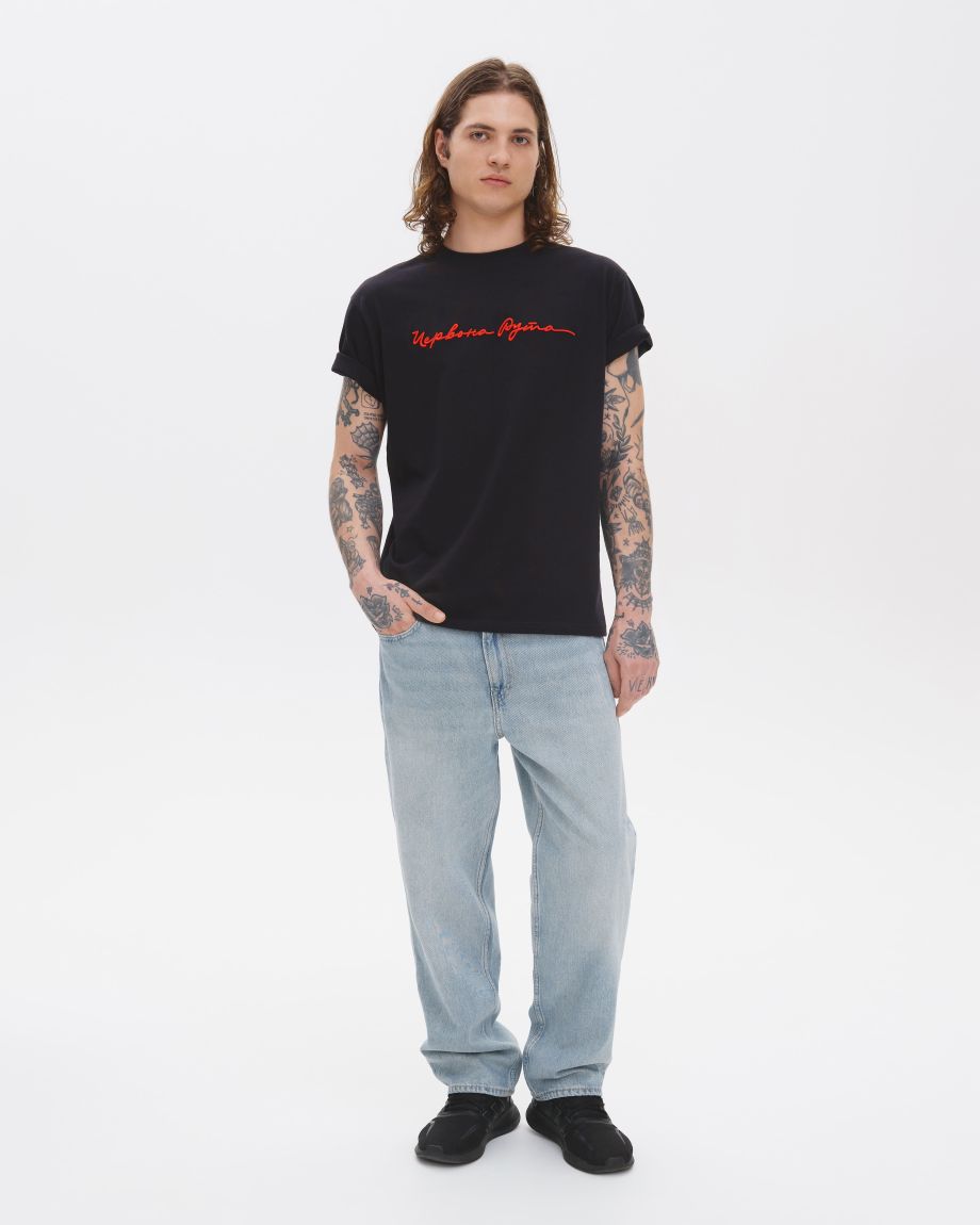 Men's black oversized T-shirt with embroidery "Red Ruta"